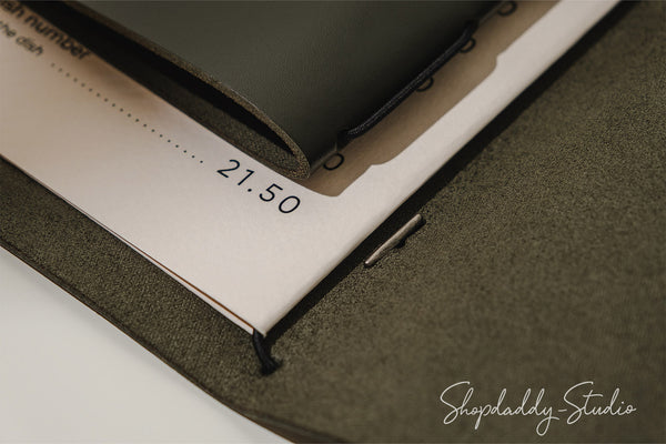 Green Thick Leather Menu Cover with Elastic Band in details