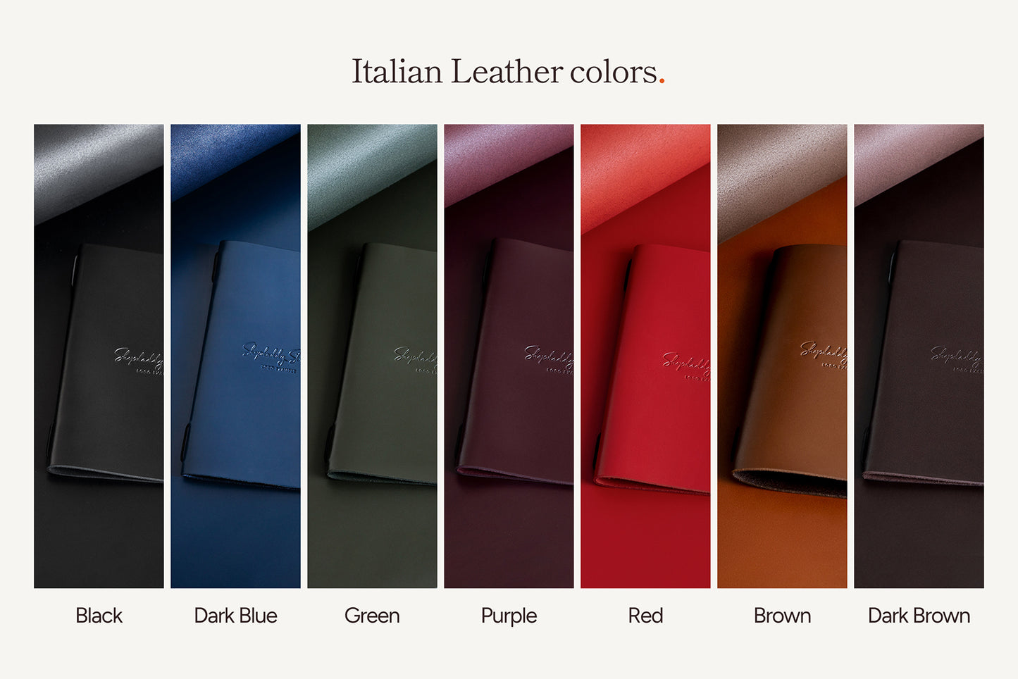 Display of Italian leather colors including black, dark blue, green, purple, red, brown, and dark brown.