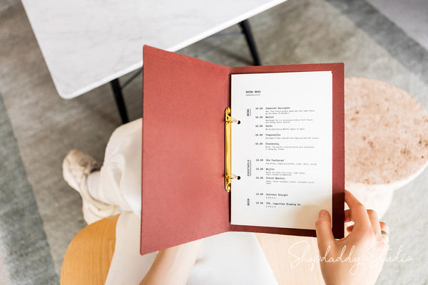 Leather menu cover with ring bider for restaurant