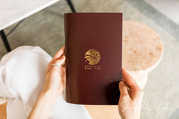 Leather menu holder with ring bider for restaurant with logo
