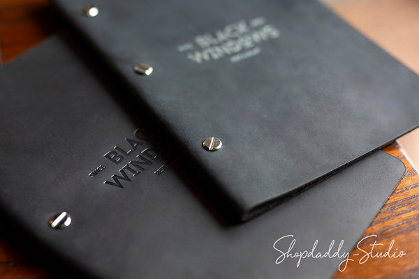 Luxury Black Leather Menu Cover with Brass Bolts