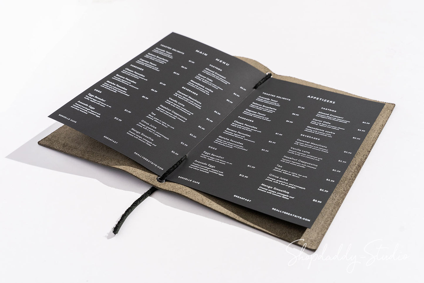 Luxury Green-Gray Leather Menu Folder with Leather Lace