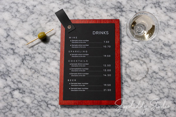 Mahogany Menu Holder with Leather Loop for Hospitality