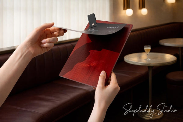 Mahogany Menu Holder with Leather Loop for Restaurants