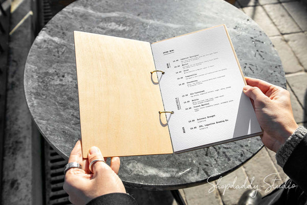Matt Lacquer Plywood Menu Book with Golden Rings for Cafes and Bars