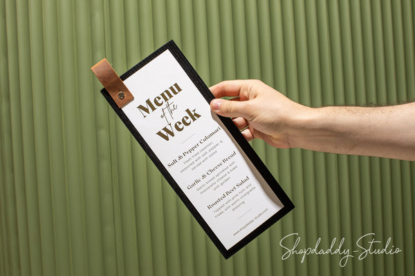 Menu Board with Leather Loop and logo