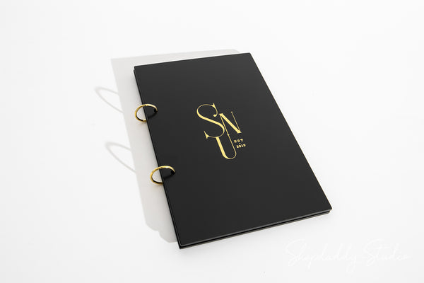 Minimalist Black Plywood Menu Book with Golden Rings