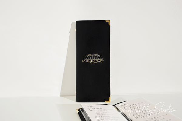 Minimalist Black Thick Leather Menu Cover with Plastic Sleeves and Corners