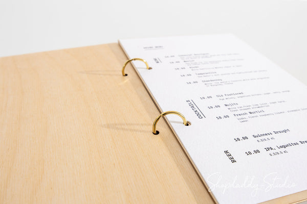 Minimalist Matt Lacquer Plywood Menu Book with Golden Rings