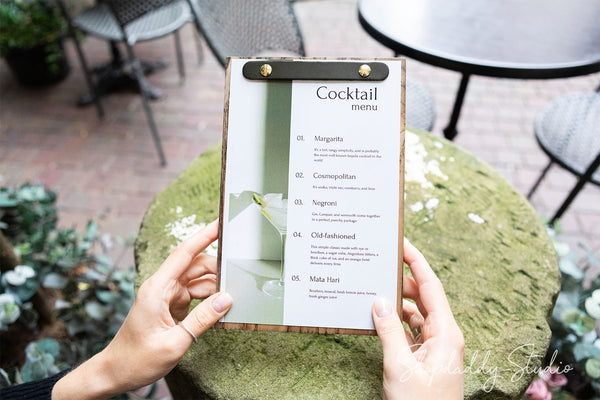 Minimalist Wood Menu Holder With Leather Plank