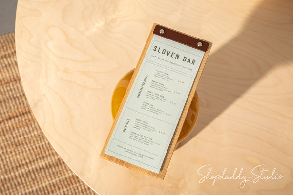 Modern Lacquer Menu Holder With Leather Plank