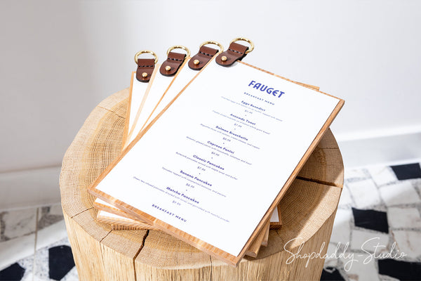 Modern Menu Holder with leather strap for cocktail menu