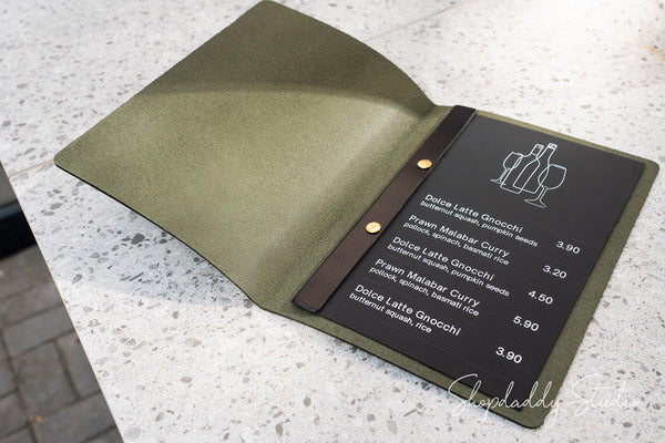 Green Thick Leather Menu Folio with Plank for restaurant