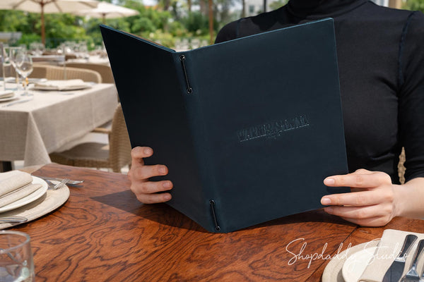 Navy Blue Double Leather Menu Cover with Corners for Cafes and Bars