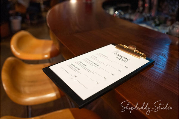 Personalized Black Ashwood Menu Holder with Golden Clip for cafe