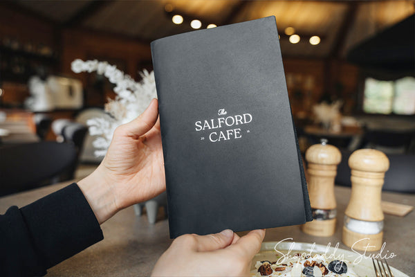 Personalized Black Leather Menu Cover with Steel Rings for restaurant