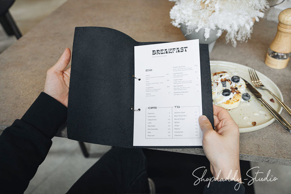 Personalized Black Leather Menu Folder with Steel Rings for cafe