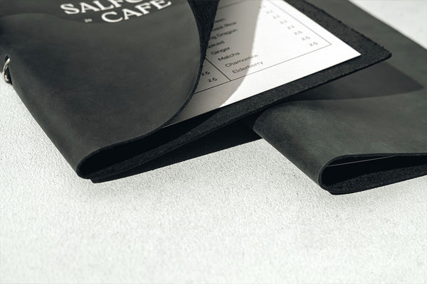 Personalized Black Leather Menu Holder with Steel Rings for cafe
