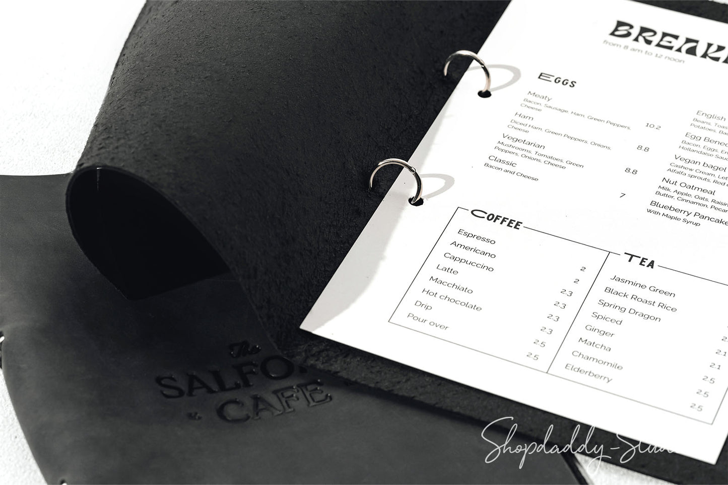Personalized Black Leather Menu Holder with Steel Rings for food menu
