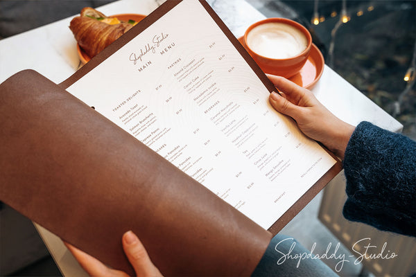 Personalized Brown Leather Menu Book with Golden Rings for bar