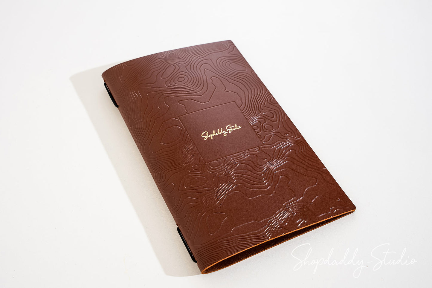 Personalized Brown Leather Menu Folder with Topographic Pattern for drink menu