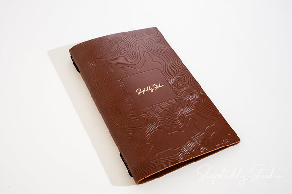 Personalized Brown Leather Menu Folder with Topographic Pattern for drink menu