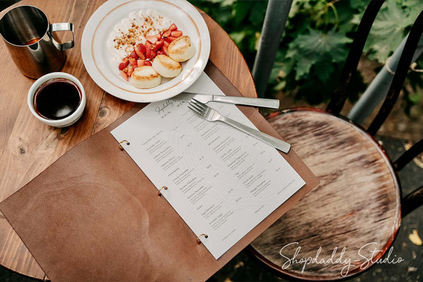 Personalized Brown Leather Menu Folio with Golden Rings for restaurant
