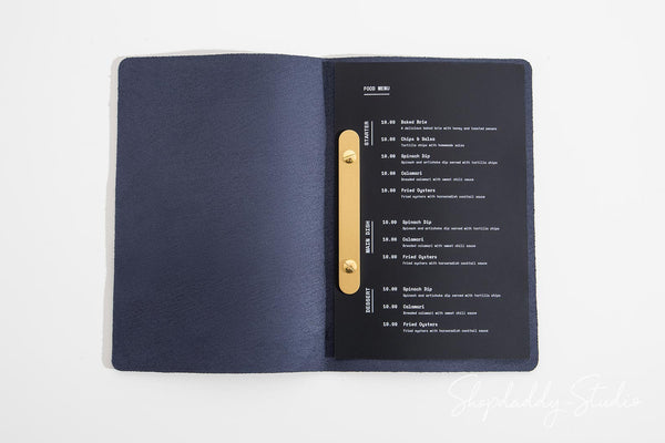 Personalized Dark Blue Leather Menu Cover with Brass Plank for cafe