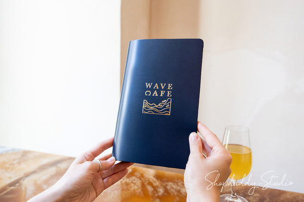 Personalized Dark Blue Leather Menu Folder with Brass Plank for food menu