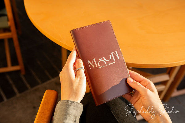 Personalized Italian Leather Server Book With Wave Pockets for cafe
