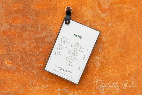 Personalized Wood Menu Board With Leather Strap & Metal Ring for restaurant