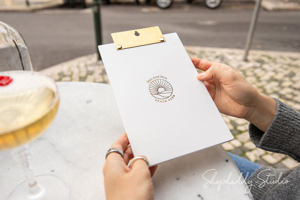 Plywood White Menu Holder with Brass Wall Mount for Cafes and Bars