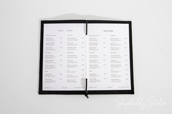 Premium Black Leather Menu Folder with Leather Lace