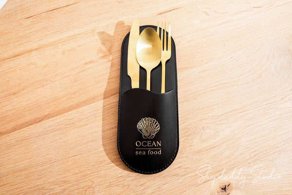 Premium Leather Rounded Cutlery Holder with logo