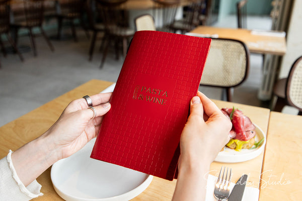 Premium Red Leather Menu Book with Woven Pattern