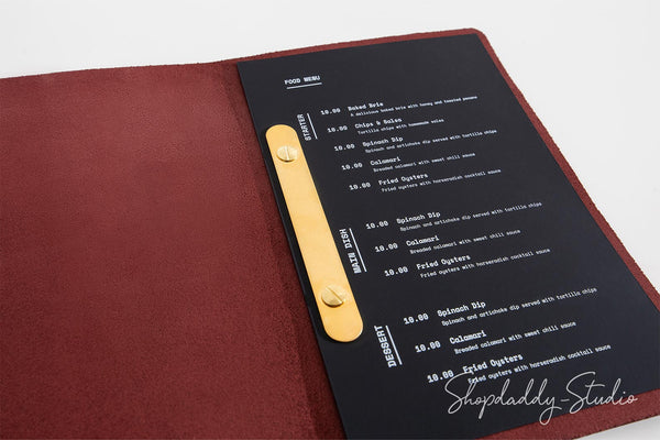 Purple Thick Leather Menu Cover with Brass Plank for Menu Presentation