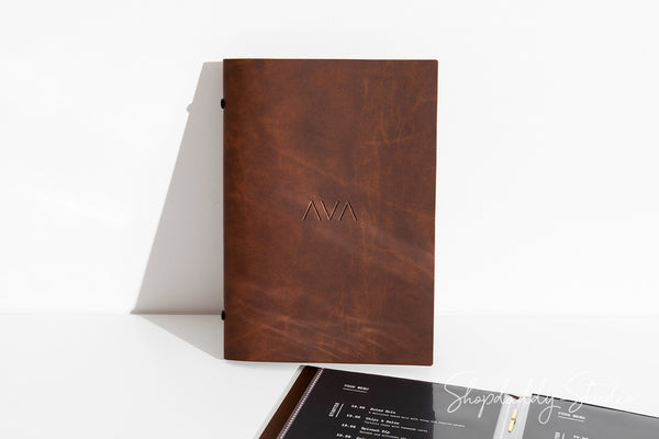 Recycled Antique Brown Leather Menu Book With Plastic Sleeves for cafe