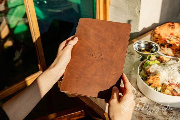 Recycled Antique Brown Leather Menu Folder With Plastic Sleeves for restaurant