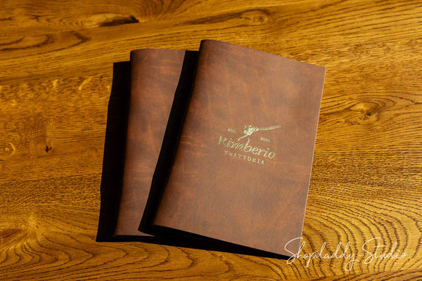 Recycled Antique Brown Leather Menu Holder with Rings Mechanism for bar