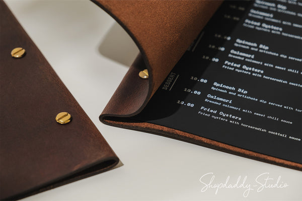 Rusty Leather Menu Cover with with Brass Bolt in details