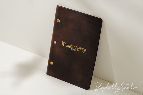 Rusty Leather Menu Cover with with Brass Bolt with Golden Foil Debossing