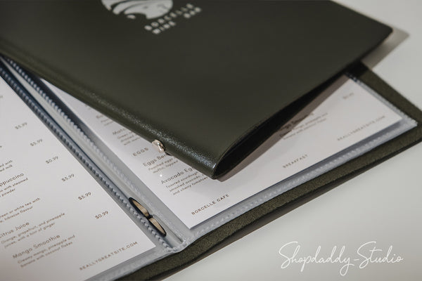 Green Thick Leather Menu Cover With Plastic Sleeves