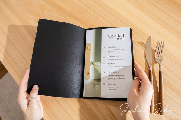 Stylish Black Leather Menu Cover Book Minimalist