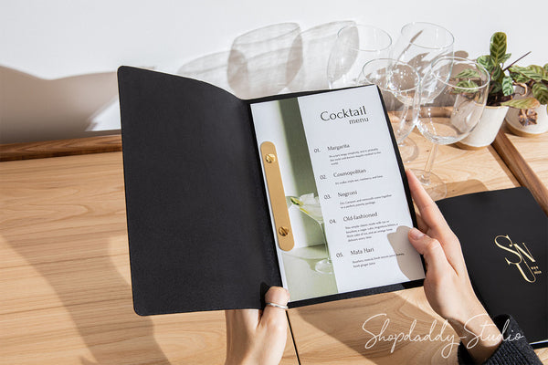 Stylish Black Leather Menu Cover Minimalist