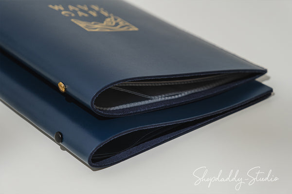 Stylish Dark Blue Leather Menu Book With Plastic Sleeves For restaurant