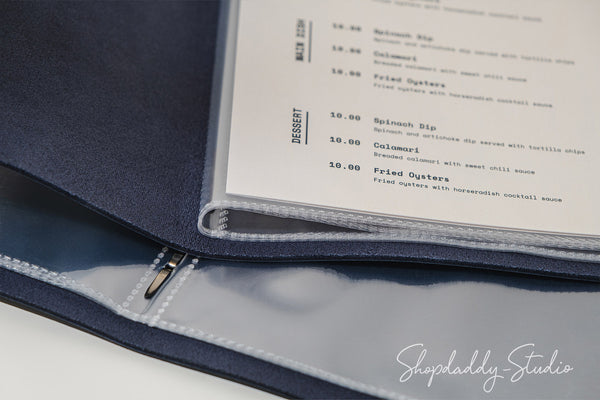 Stylish Dark Blue Leather Menu Folio With Plastic Sleeves For restaurant