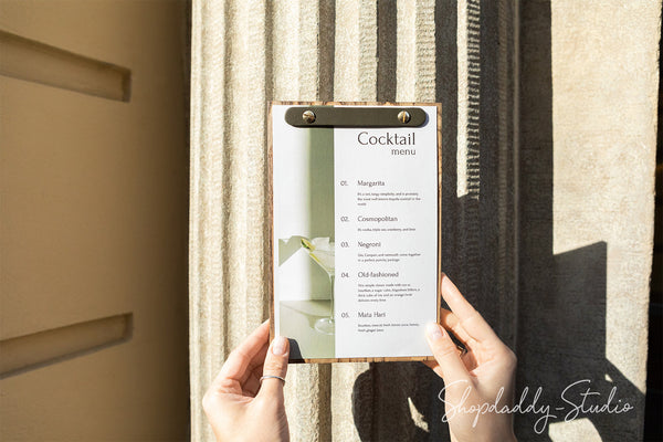 Stylish Wooden Menu Holder With Rounded Leather Plank