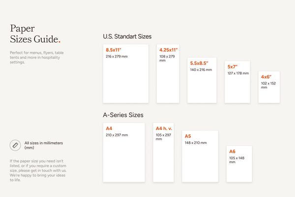 Paper sizes guide with U.S. Standard and A-Series sizes on a white background