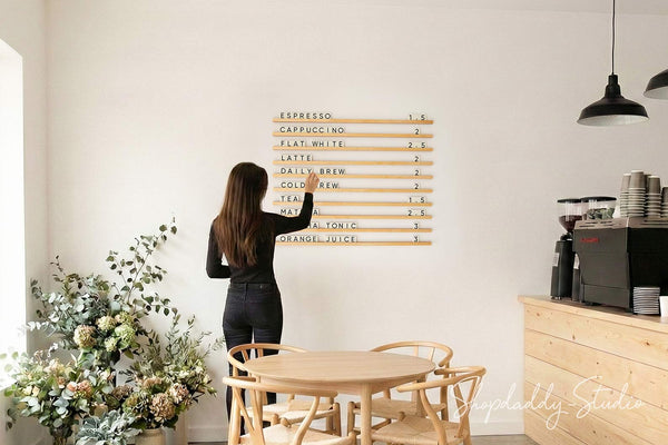 Wall Menu Board With Wooden Rails & Changeable Letters with Custom Logo