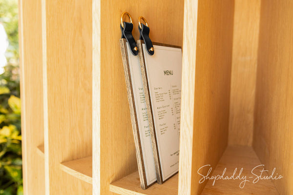 Walnut Ashwood Menu Board With Leather Strap & Metal Ring for restaurant